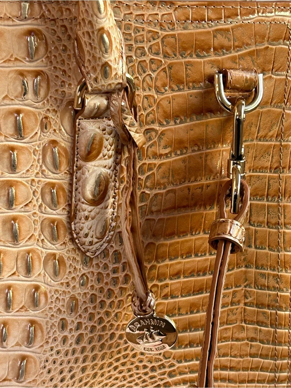 BRAHMIN FINLEY Driftwood Tan Metallic Croc-Embossed Satchel Tote Bag Office